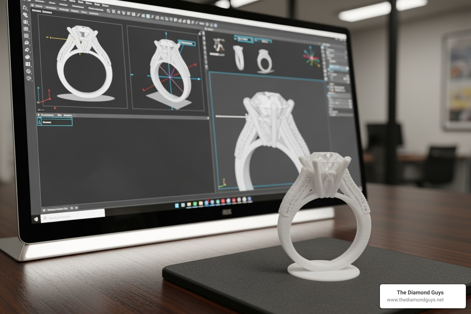 CAD design for a ring on a computer screen next to a 3D printed wax model - lab diamond custom jewelry CAD design for a ring on a computer screen next to a 3D printed wax model - lab diamond custom jewelry