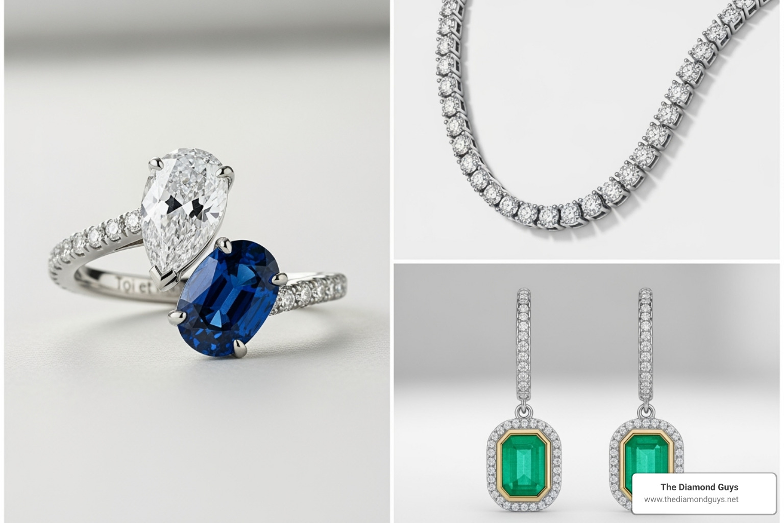 collage of different custom jewelry pieces: a Toi et Moi ring, a tennis necklace, and drop earrings - lab diamond custom jewelry collage of different custom jewelry pieces: a Toi et Moi ring, a tennis necklace, and drop earrings - lab diamond custom jewelry