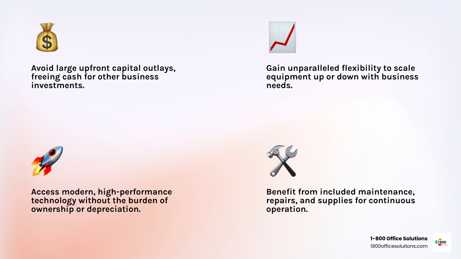 Infographic explaining key benefits of office equipment rental for Miami businesses, including cost savings, flexibility, access to modern technology, and included support - Office equipment rental Miami infographic 4_facts_emoji_light-gradient Infographic explaining key benefits of office equipment rental for Miami businesses, including cost savings, flexibility, access to modern technology, and included support - Office equipment rental Miami infographic 4_facts_emoji_light-gradient