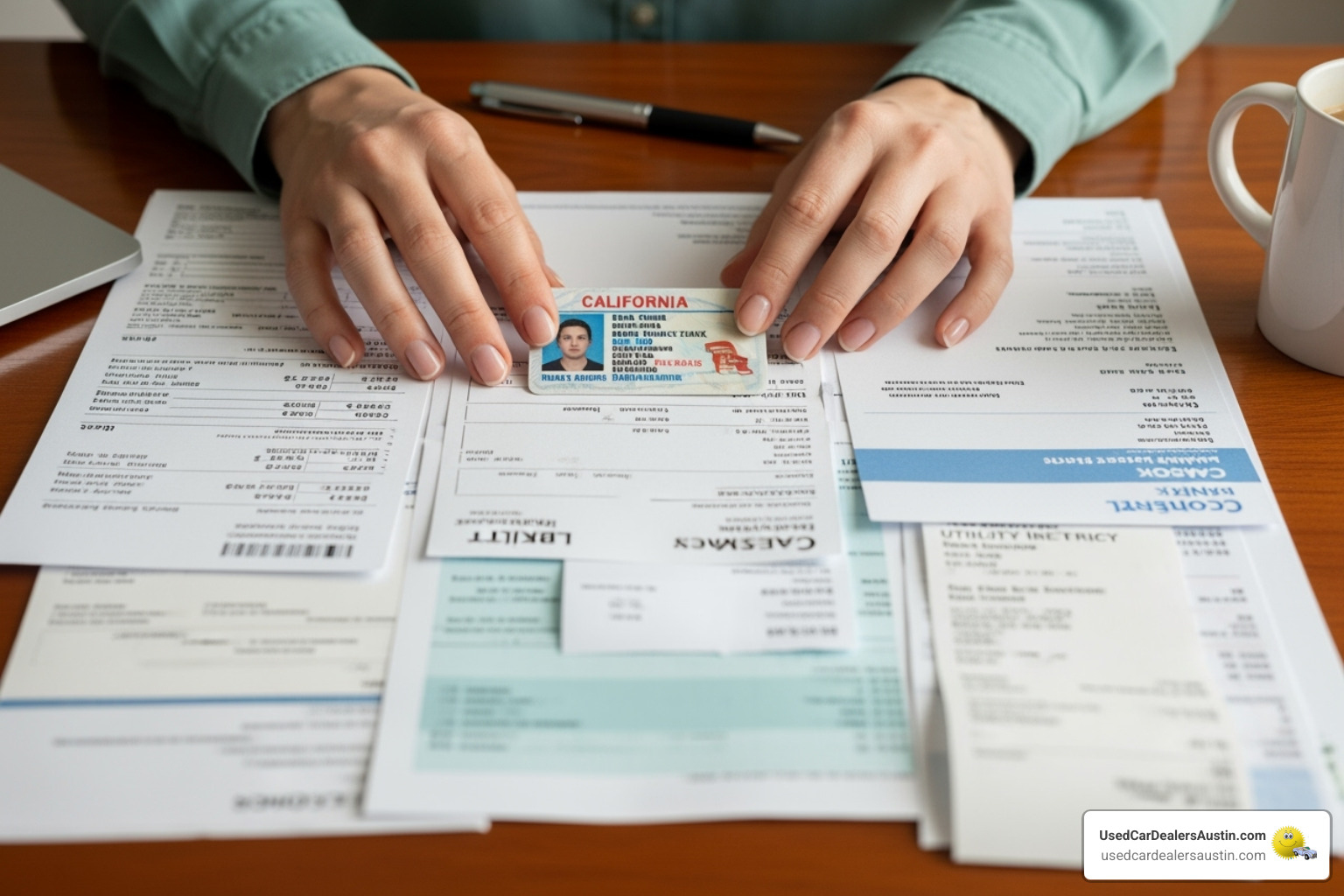 Person organizing documents like pay stubs and a driver's license - bad credit vehicle financing