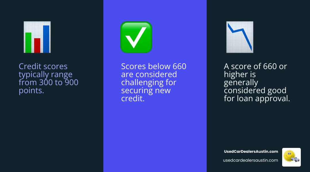 Infographic detailing Canadian credit score ranges from 300 to 900, highlighting that a score below 660 is generally considered challenging for loan approval. - bad credit vehicle financing infographic 3_facts_emoji_blue