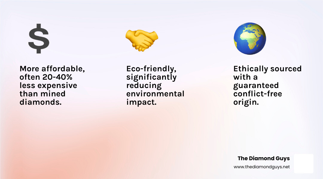 Infographic showing the top 3 benefits of lab-grown diamonds: Affordability, Ethical Sourcing, and Eco-Friendliness - lab diamond jewelry store infographic 3_facts_emoji_light-gradient