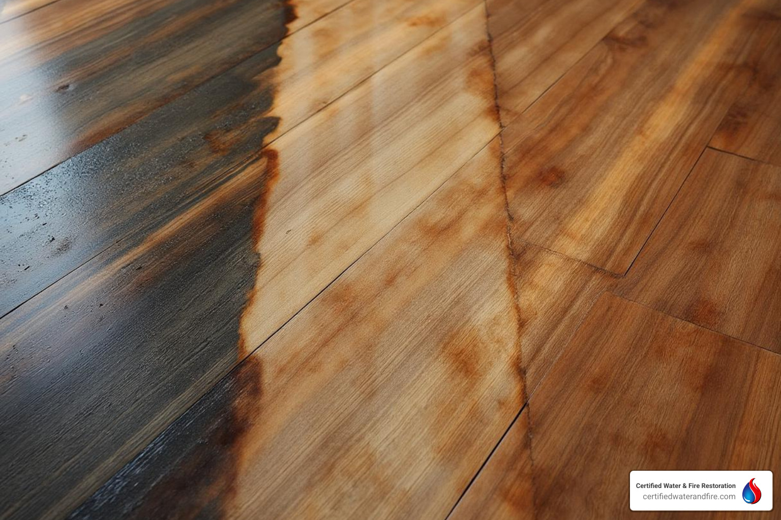 comparing a mold stain, a water stain, and natural wood discoloration on floorboards - hardwood floor mold removal