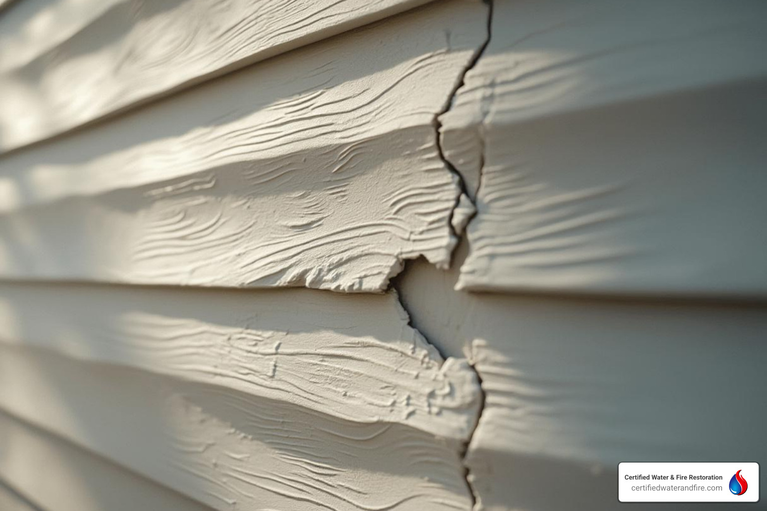 close-up on a cracked vinyl siding panel - wind damage to siding