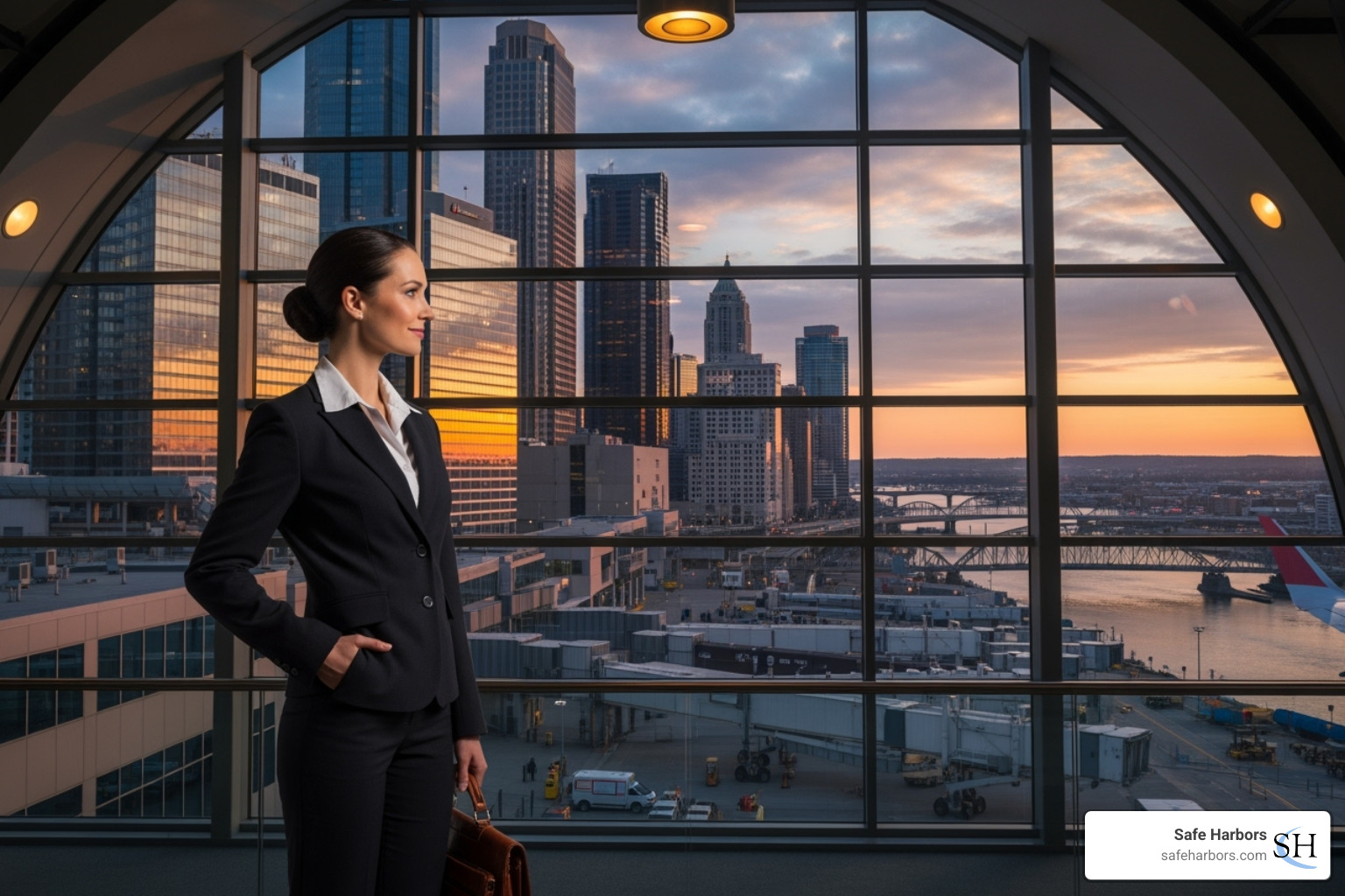 confident business traveler looking at a cityscape from an airport window - global travel assistance
