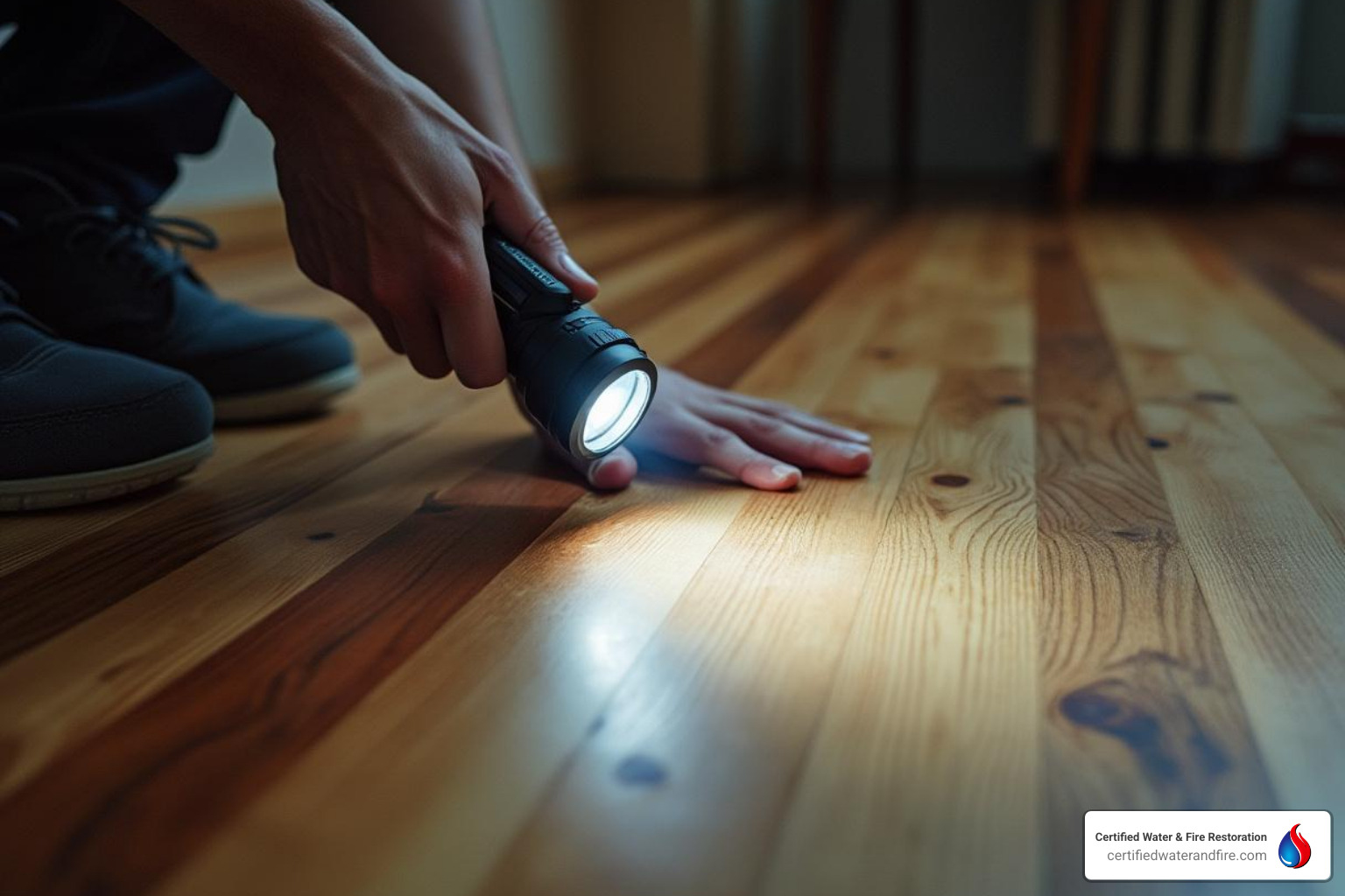 a person inspecting a discolored floorboard closely with a flashlight - hardwood floor mold removal