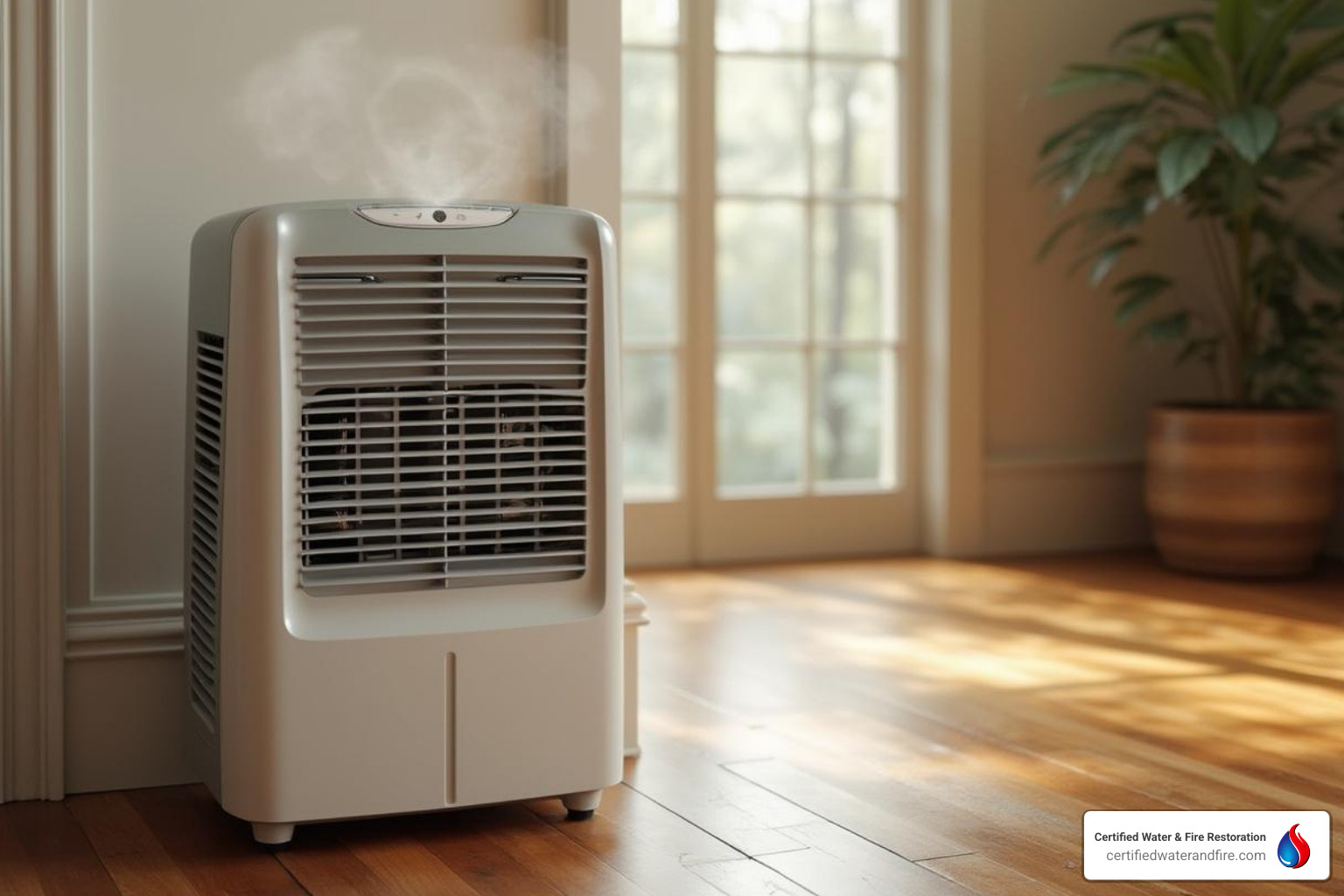a dehumidifier running in a room with hardwood floors - hardwood floor mold removal