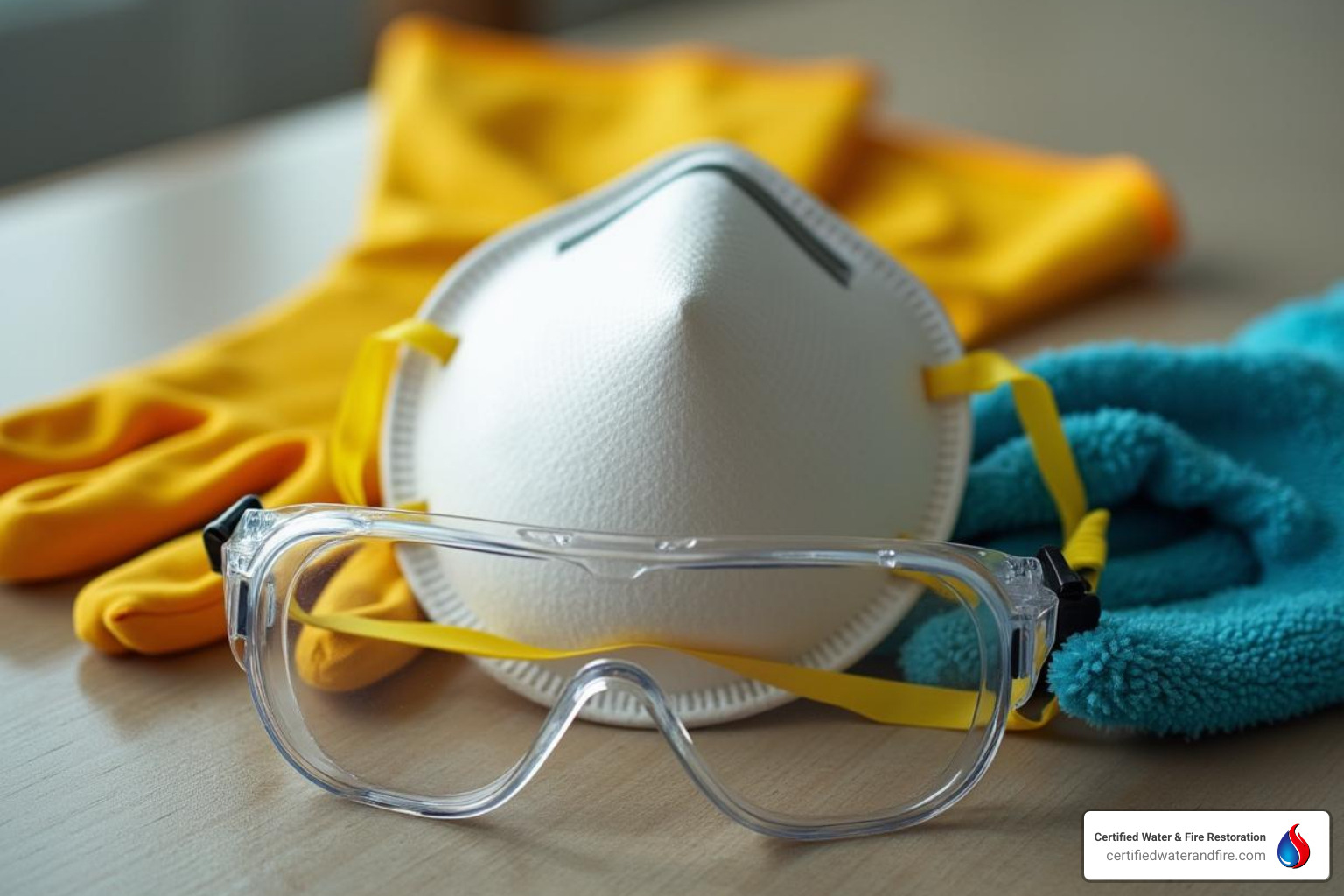 necessary safety gear: N95 mask, gloves, and goggles - hardwood floor mold removal