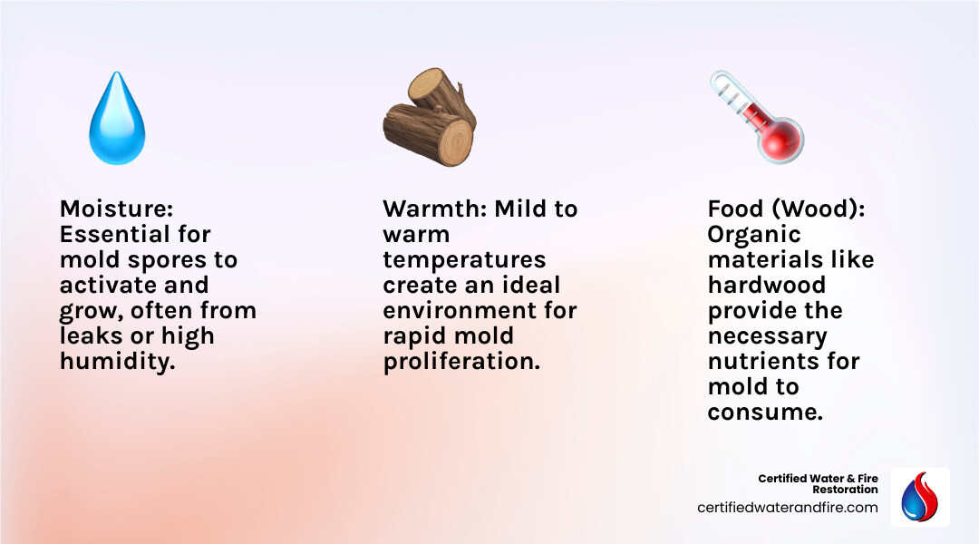 Infographic explaining the three requirements for mold growth: moisture, food (wood), and warmth, and how addressing these helps with mold removal - hardwood floor mold removal infographic 3_facts_emoji_light-gradient