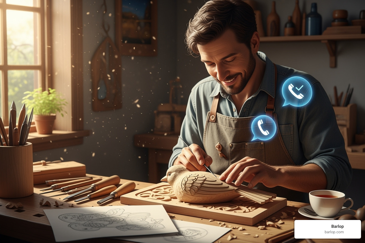 A relaxed small business owner focusing on their craft while a phone icon with a checkmark floats nearby - Virtual receptionist service