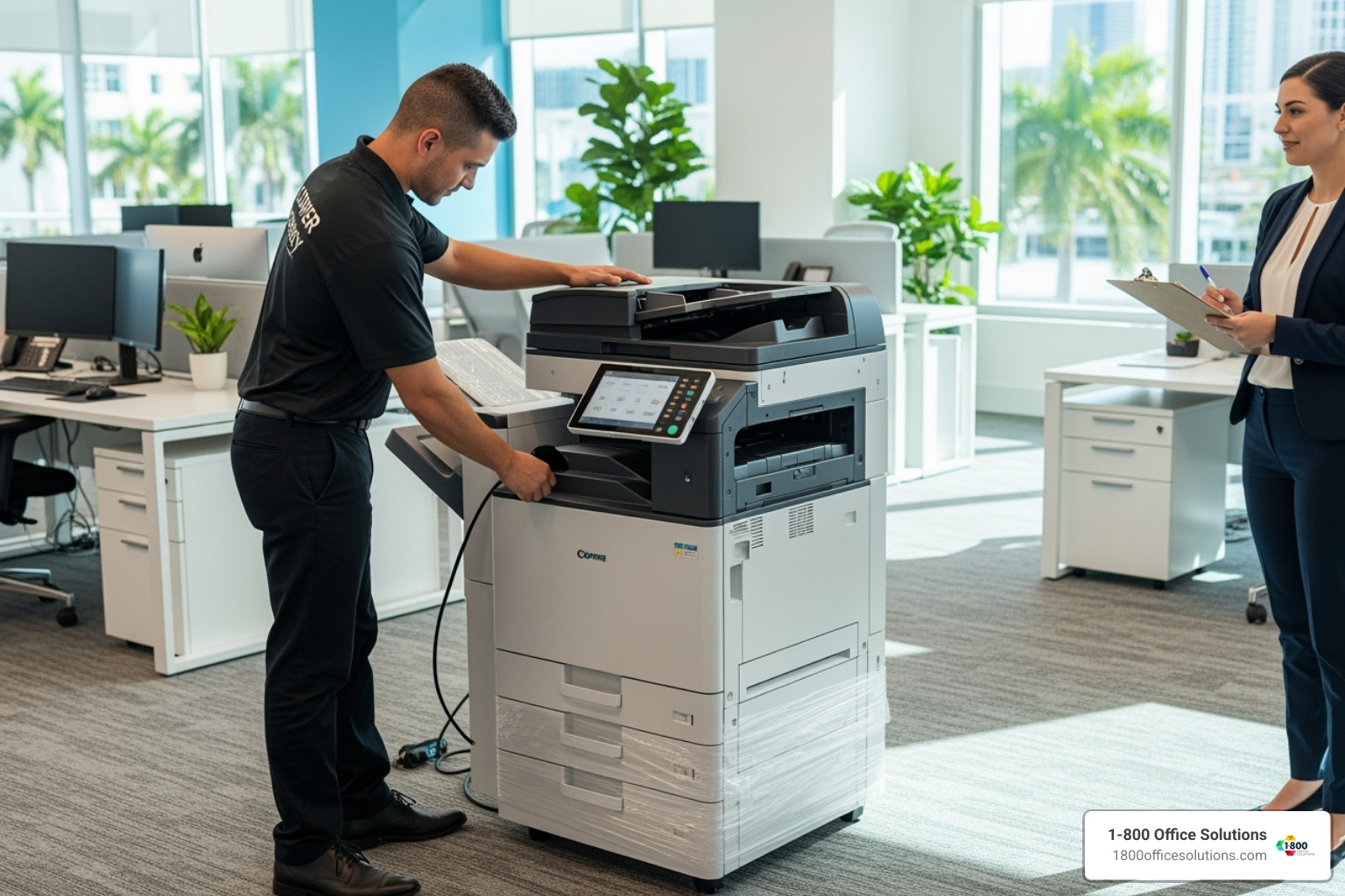 Technician delivering and setting up a copier in an office - Office equipment rental Miami Technician delivering and setting up a copier in an office - Office equipment rental Miami