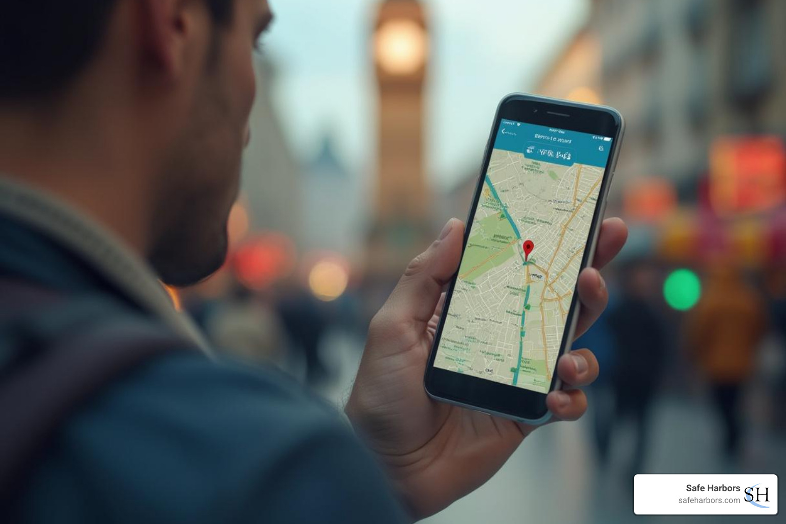 A traveler using a mobile app for safety alerts in a foreign city, emphasizing technology's role in modern travel assistance. - global travel assistance