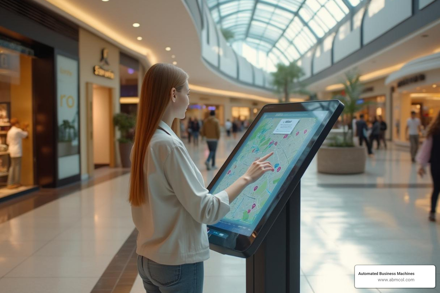 customer using an interactive wayfinding kiosk in a shopping mall - Digital displays for businesses