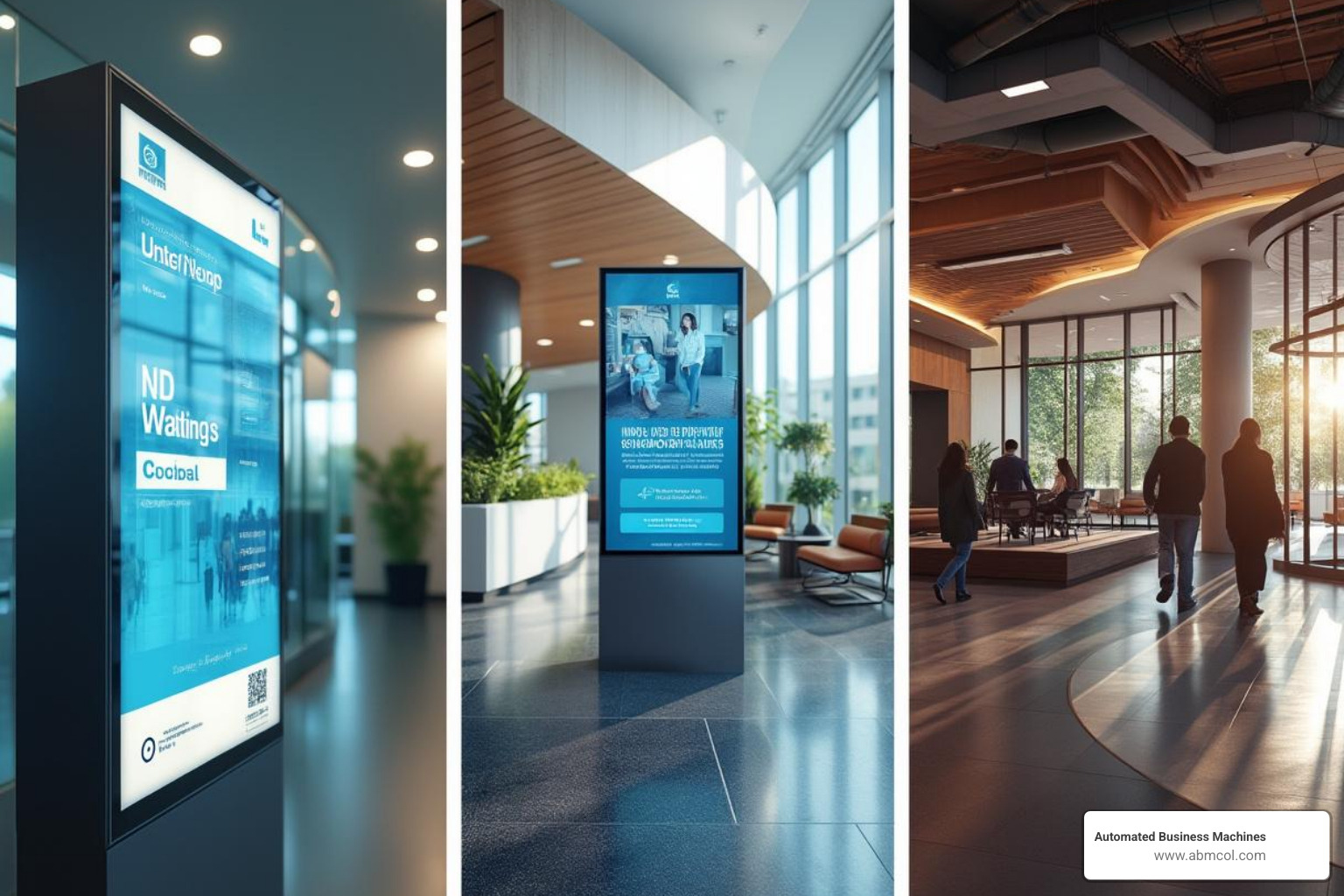 collage showing digital signage in a hospital, a corporate office, and a university campus - Digital displays for businesses