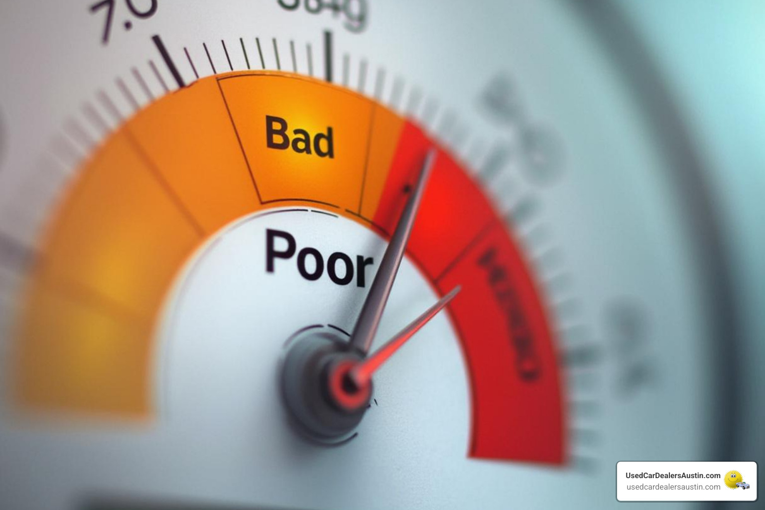 credit score meter pointing to the'poor' range - how to get a used car loan with bad credit