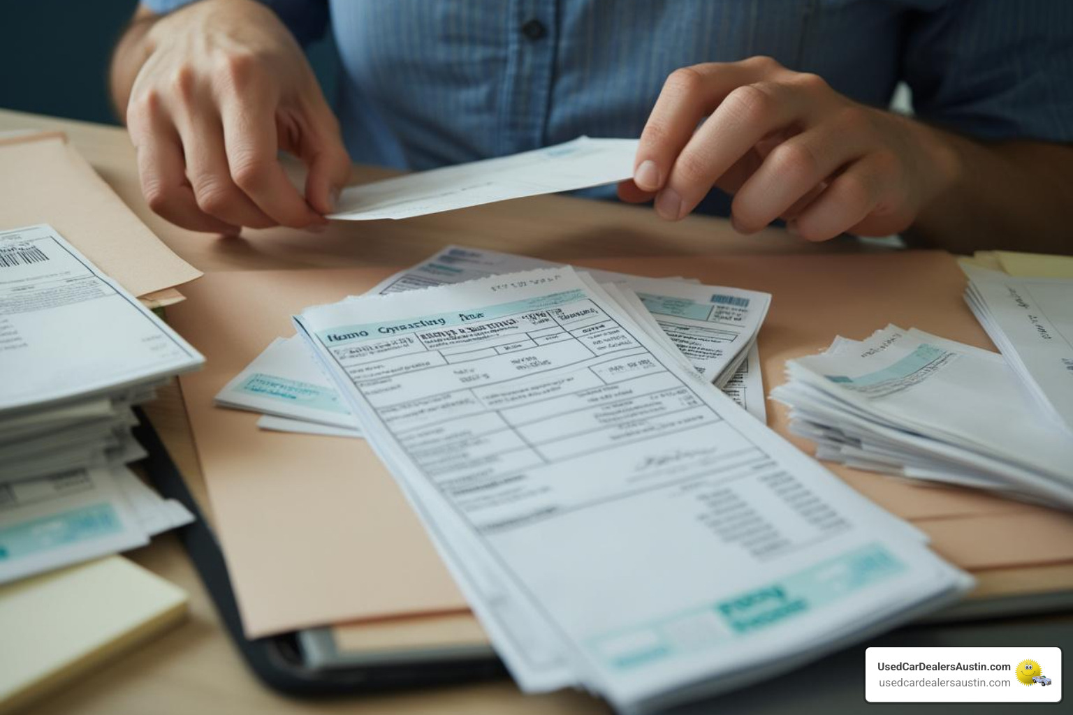 person organizing documents like pay stubs and utility bills - how to get a used car loan with bad credit