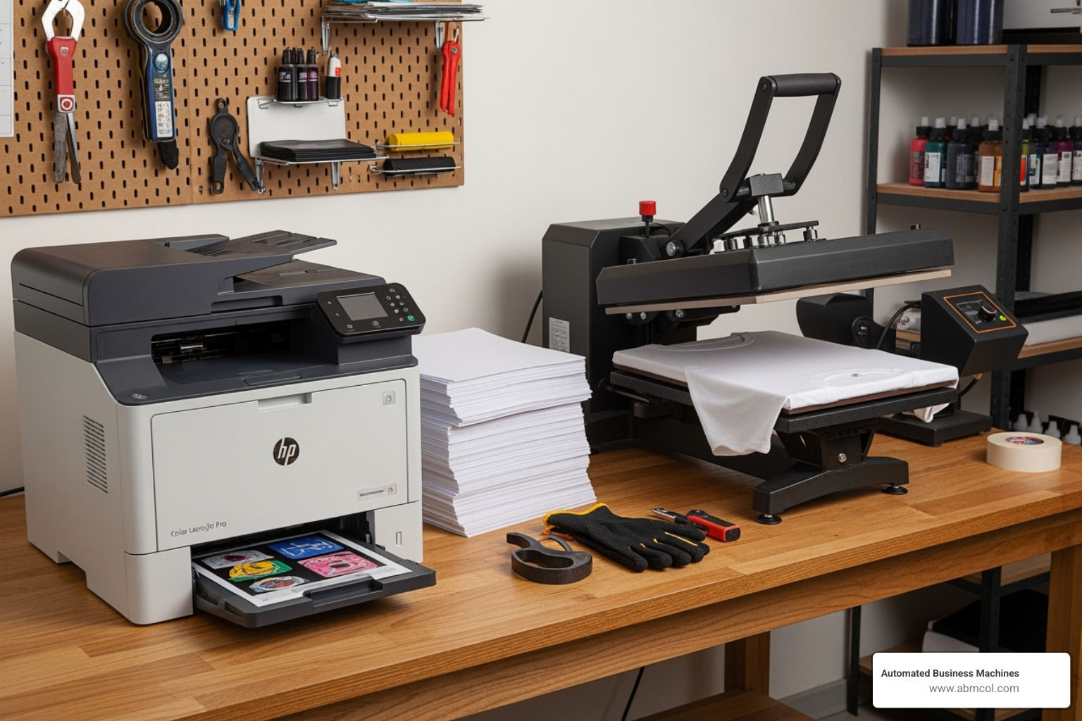 Complete setup: laser printer, heat press, transfer paper, and a t-shirt - laser printer for t shirts