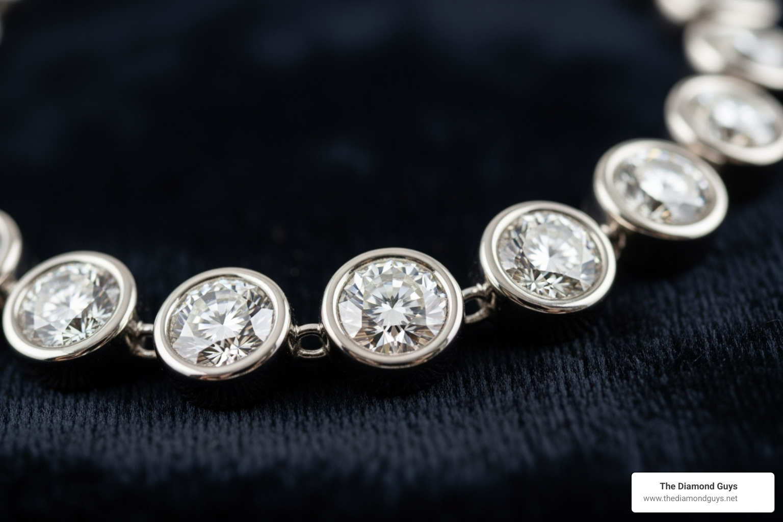 close-up shot comparing a bezel setting to a prong setting - bezel set diamond necklace