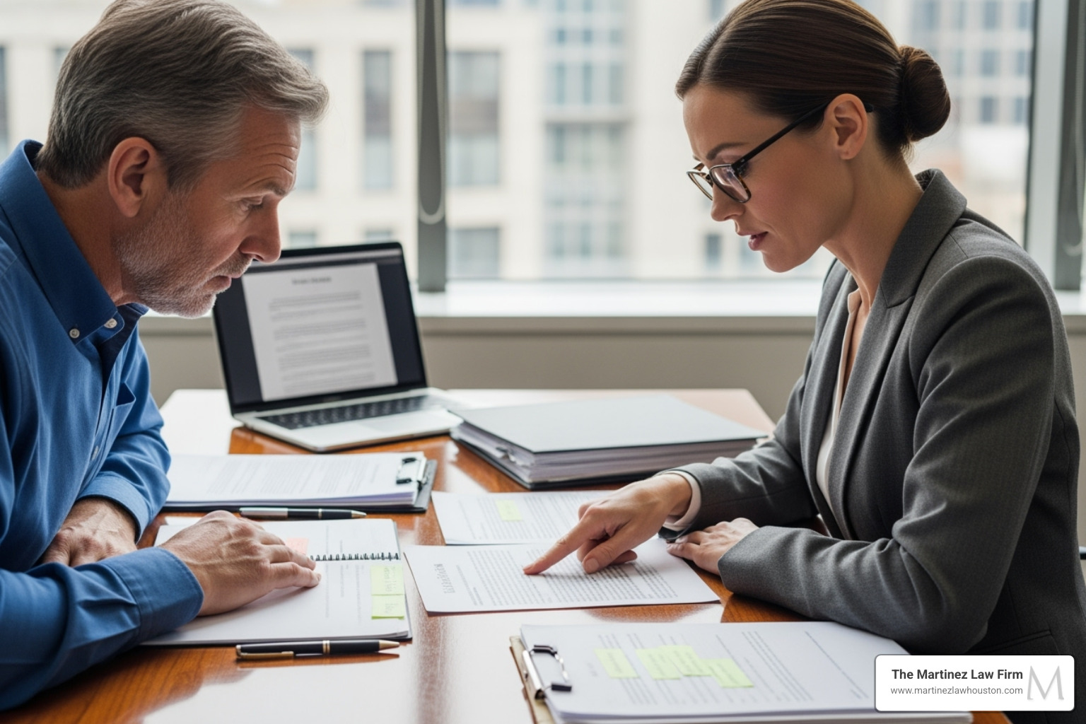 Lawyer and client reviewing documents at a desk - Houston domestic violence lawyer Lawyer and client reviewing documents at a desk - Houston domestic violence lawyer