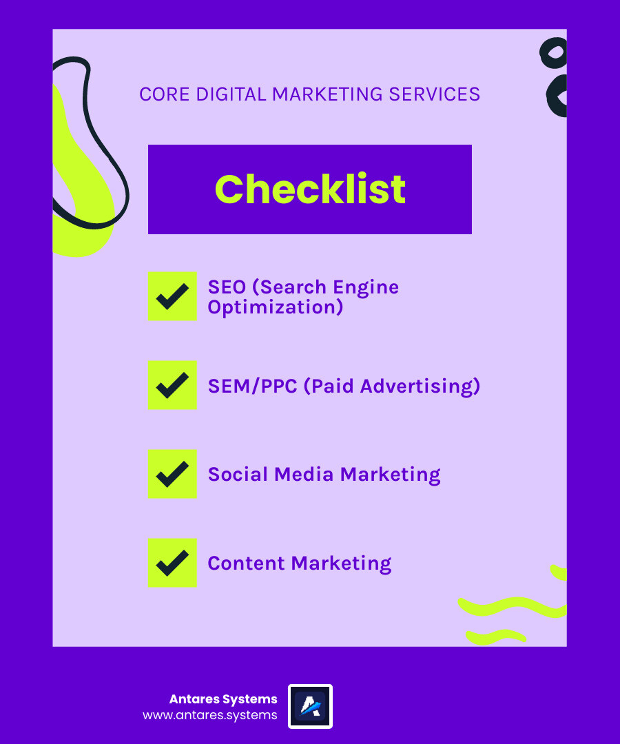 Infographic detailing the core digital marketing services like SEO, SEM, social media, content marketing, email marketing, and web design as interconnected elements. - digital marketing agency services list infographic checklist-fun-neon Infographic detailing the core digital marketing services like SEO, SEM, social media, content marketing, email marketing, and web design as interconnected elements. - digital marketing agency services list infographic checklist-fun-neon
