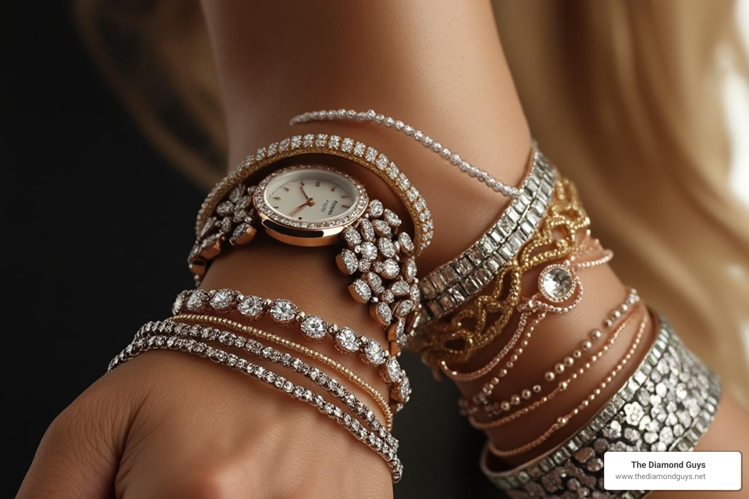 of a person layering a tennis bracelet with a watch and other bracelets - diamond tennis bracelets of a person layering a tennis bracelet with a watch and other bracelets - diamond tennis bracelets