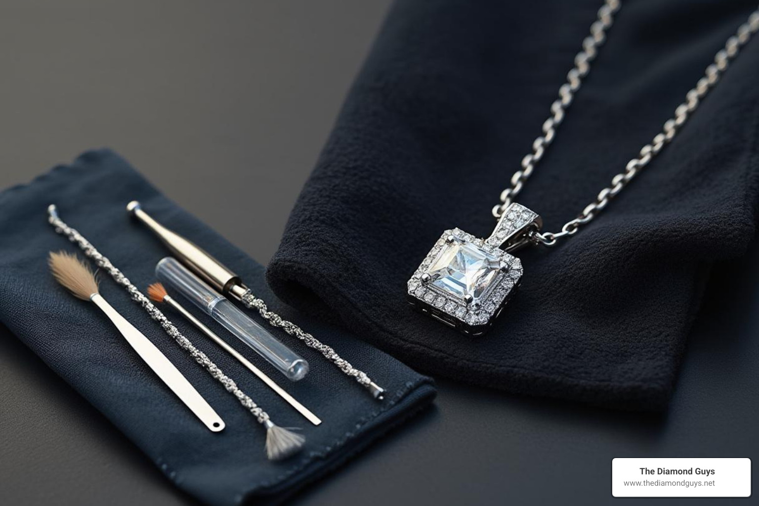 jewelry cleaning kit next to a diamond necklace - male diamond necklace