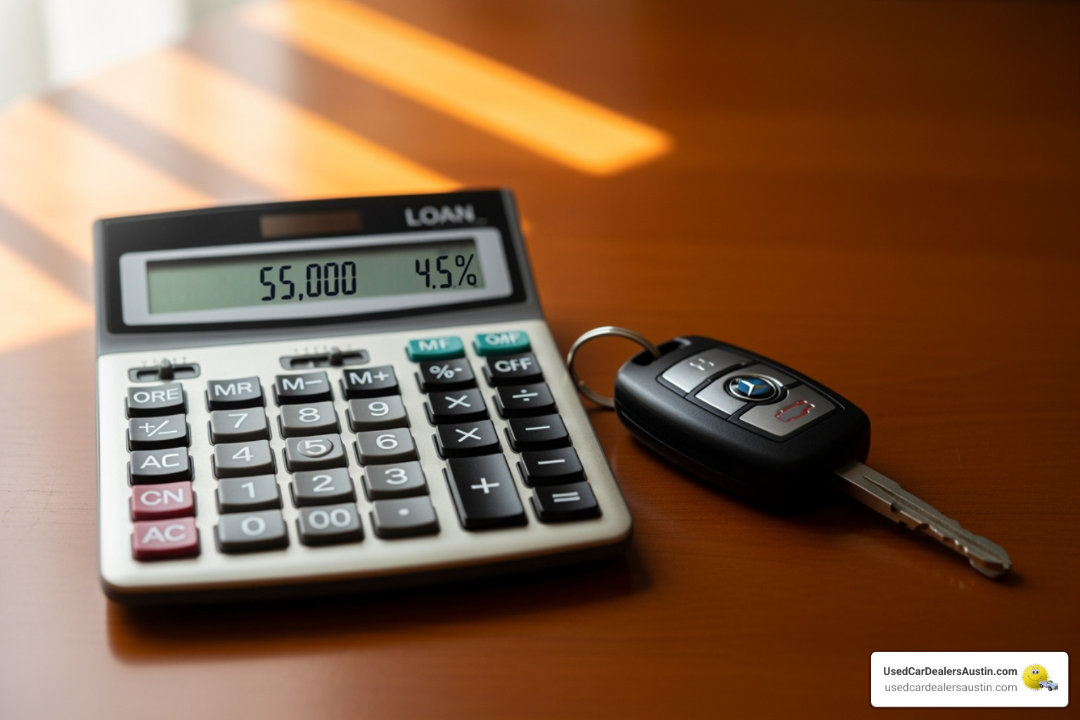 calculator and car keys - auto loans Austin TX