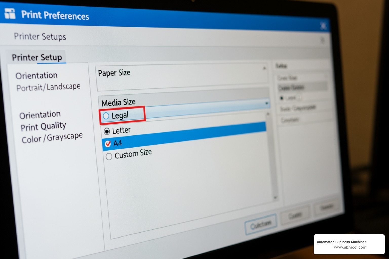 A screenshot of a printer settings dialog box showing paper size selection with 'Legal' highlighted - Legal size paper printing