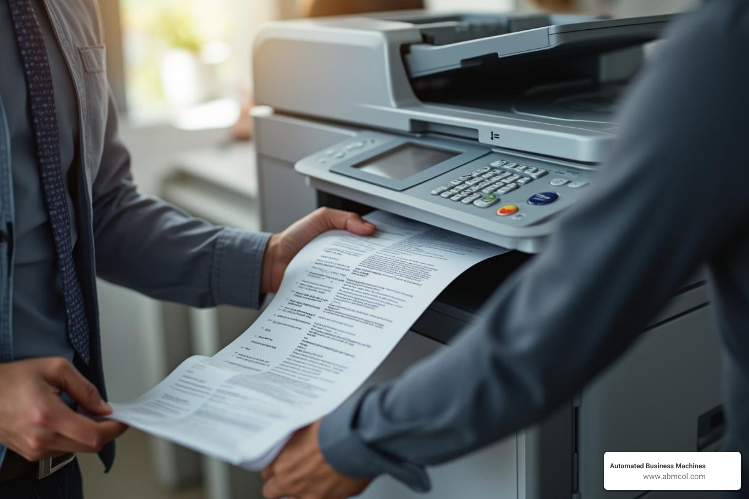 A person successfully retrieving a legal-sized printout from a multifunction printer - Legal size paper printing