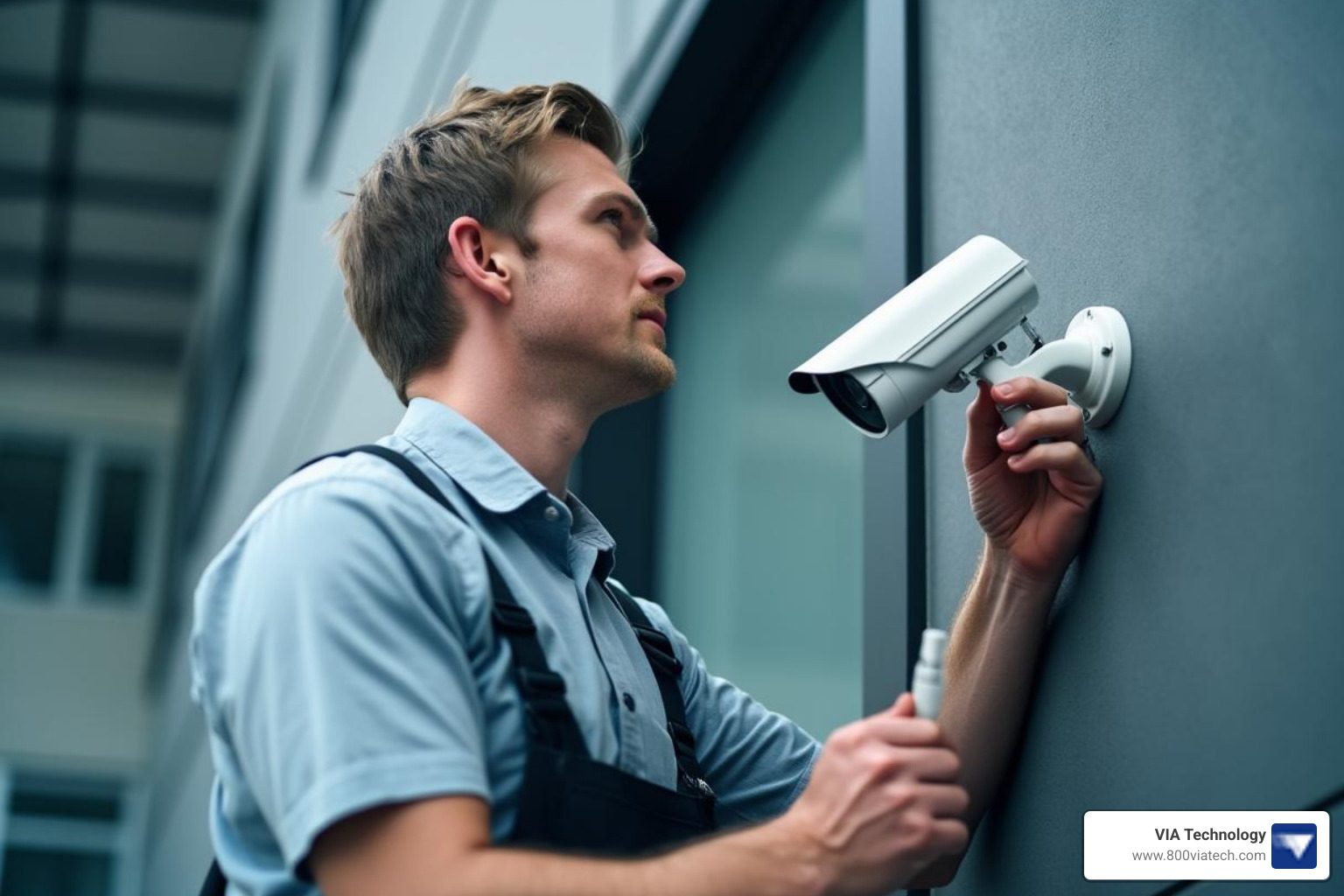 professional technician installing a camera on a commercial site - internal cctv camera professional technician installing a camera on a commercial site - internal cctv camera