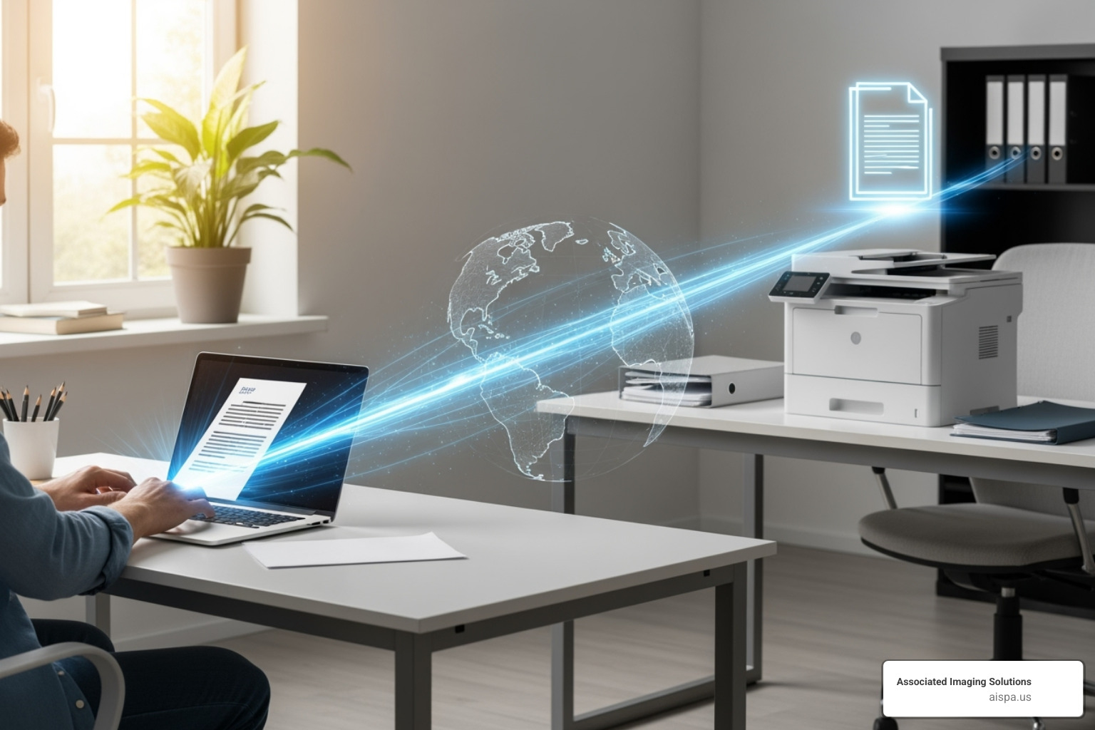 A remote worker prints a document from their laptop to an office printer miles away - cloud managed printing
