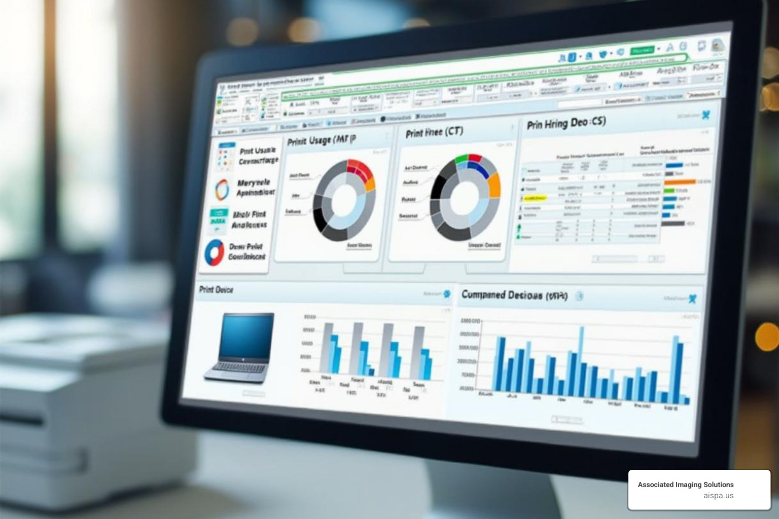 A software dashboard displaying print usage analytics and device status - cloud managed printing