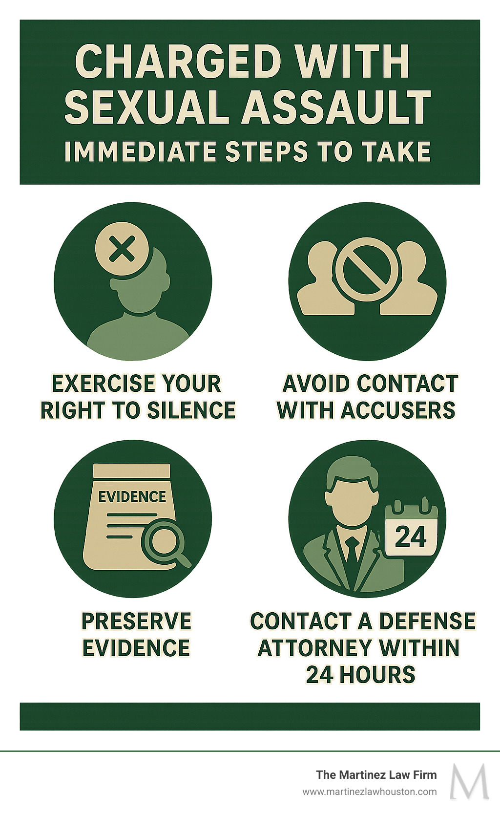 Comprehensive infographic showing the immediate steps to take after being charged with sexual assault, including exercising right to silence, avoiding contact with accusers, preserving evidence, and contacting an experienced defense attorney within 24 hours - sexual assault defense attorney infographic Comprehensive infographic showing the immediate steps to take after being charged with sexual assault, including exercising right to silence, avoiding contact with accusers, preserving evidence, and contacting an experienced defense attorney within 24 hours - sexual assault defense attorney infographic