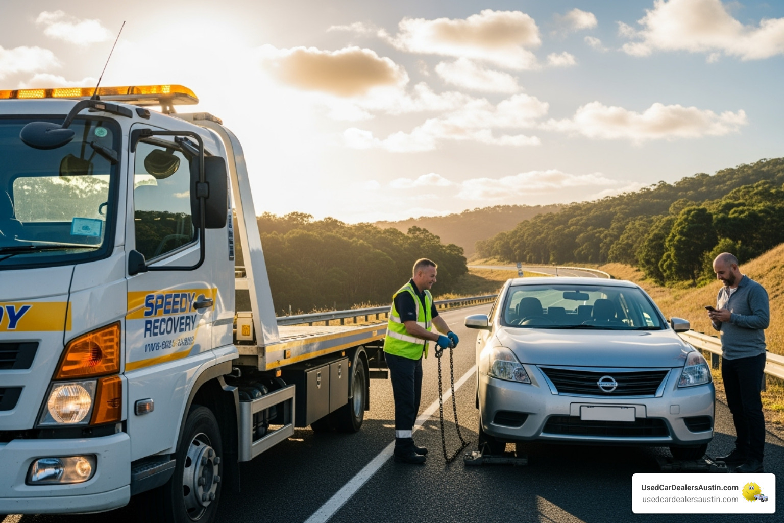 roadside assistance vehicle helping a Nissan on the side of the road - nissan pre owned