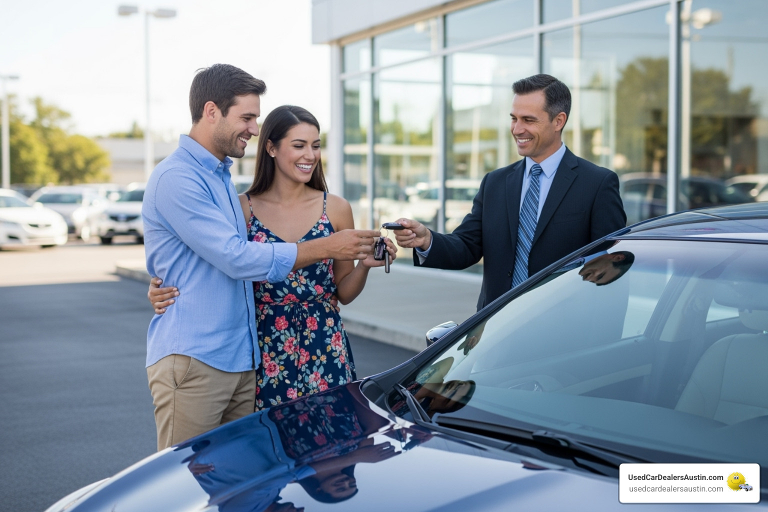 happy couple receiving keys to their pre-owned Nissan from a friendly salesperson - nissan pre owned