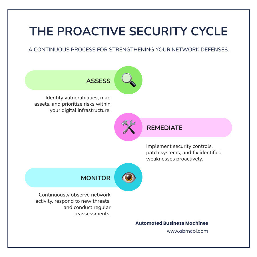 Infographic detailing the cycle of Assess, Remediate, and Monitor for network security - network and security assessment infographic infographic-line-3-steps-colors
