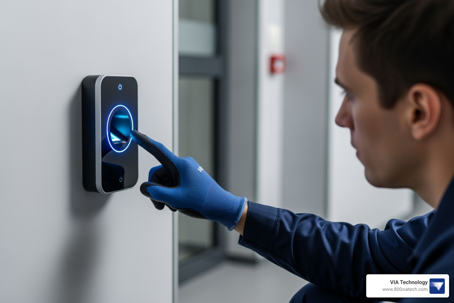 Technician testing fingerprint scanner - biometric access control system installation