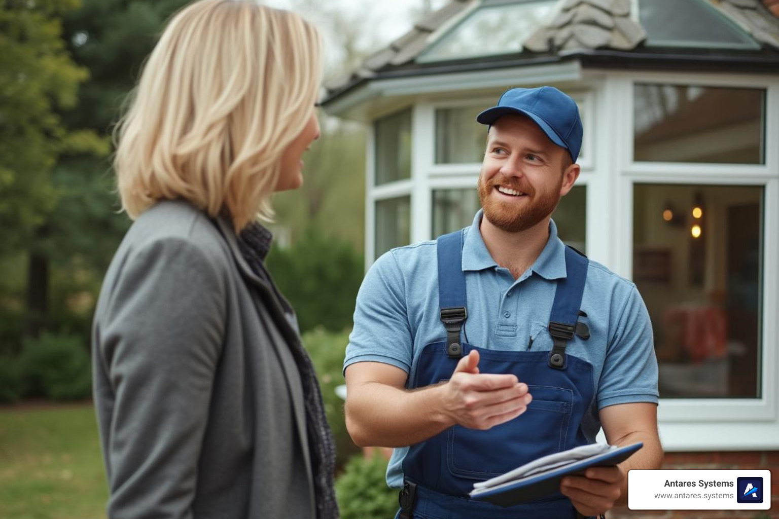 friendly window cleaner in uniform discussing a quote with a homeowner - Window cleaning cost friendly window cleaner in uniform discussing a quote with a homeowner - Window cleaning cost