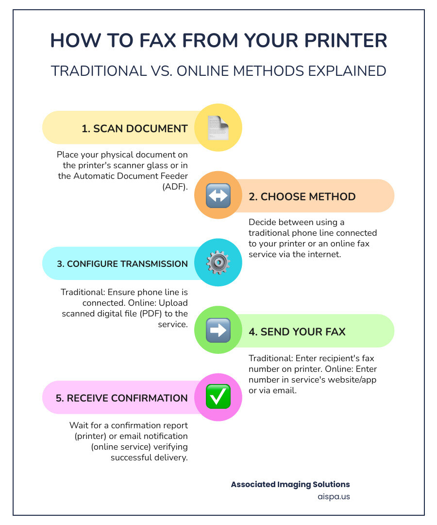 Infographic showing the two main ways to fax from a printer: 1) Traditional Faxing: Scan document -> Printer (with phone line) -> Recipient's Fax Machine; and 2) Online Faxing: Scan document -> Digital File -> Online Fax Service (via internet) -> Recipient's Fax Machine - can i fax from my printer infographic infographic-line-5-steps-colors