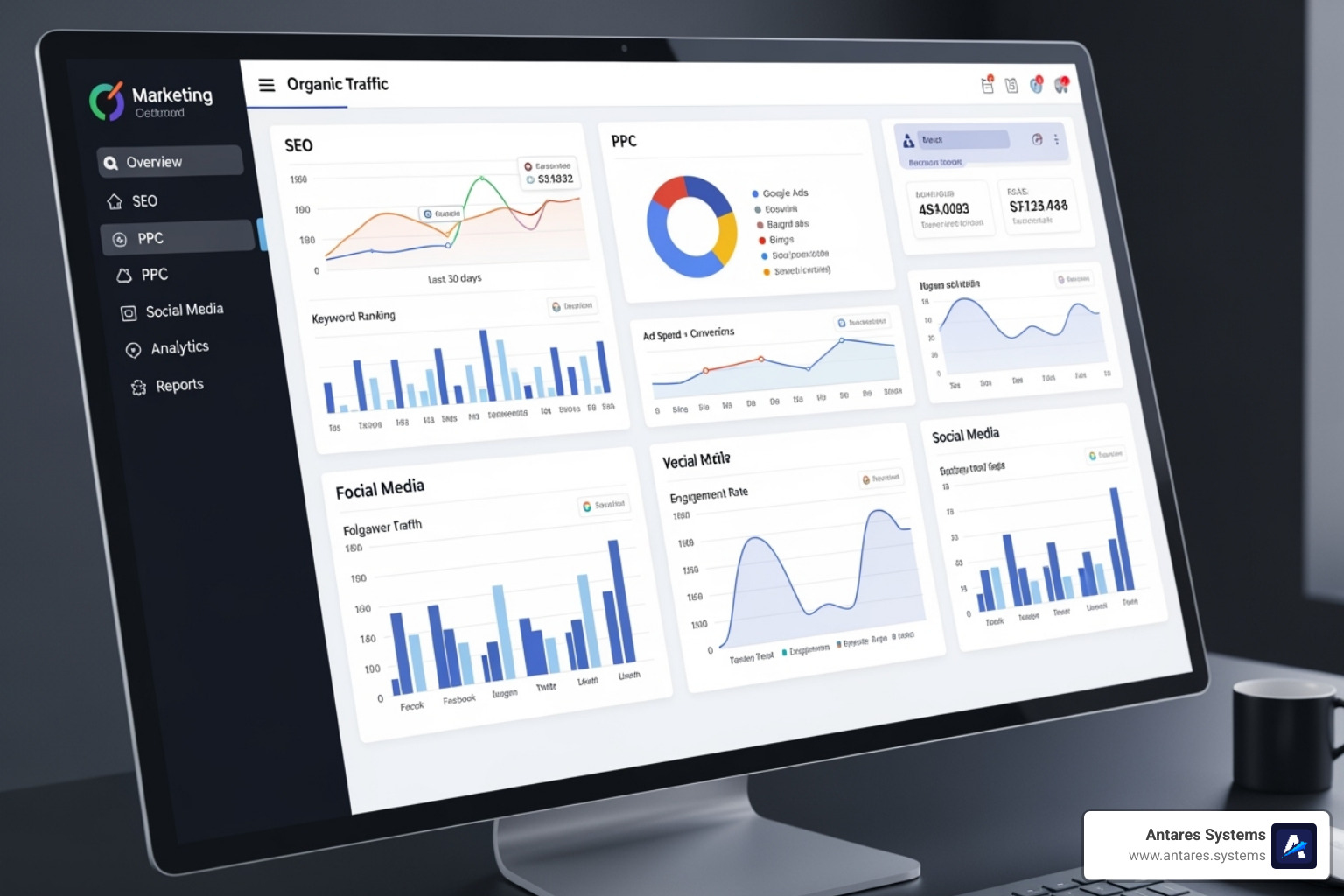 dashboard showing various marketing channels like SEO, PPC, and Social Media - home services internet marketing agency