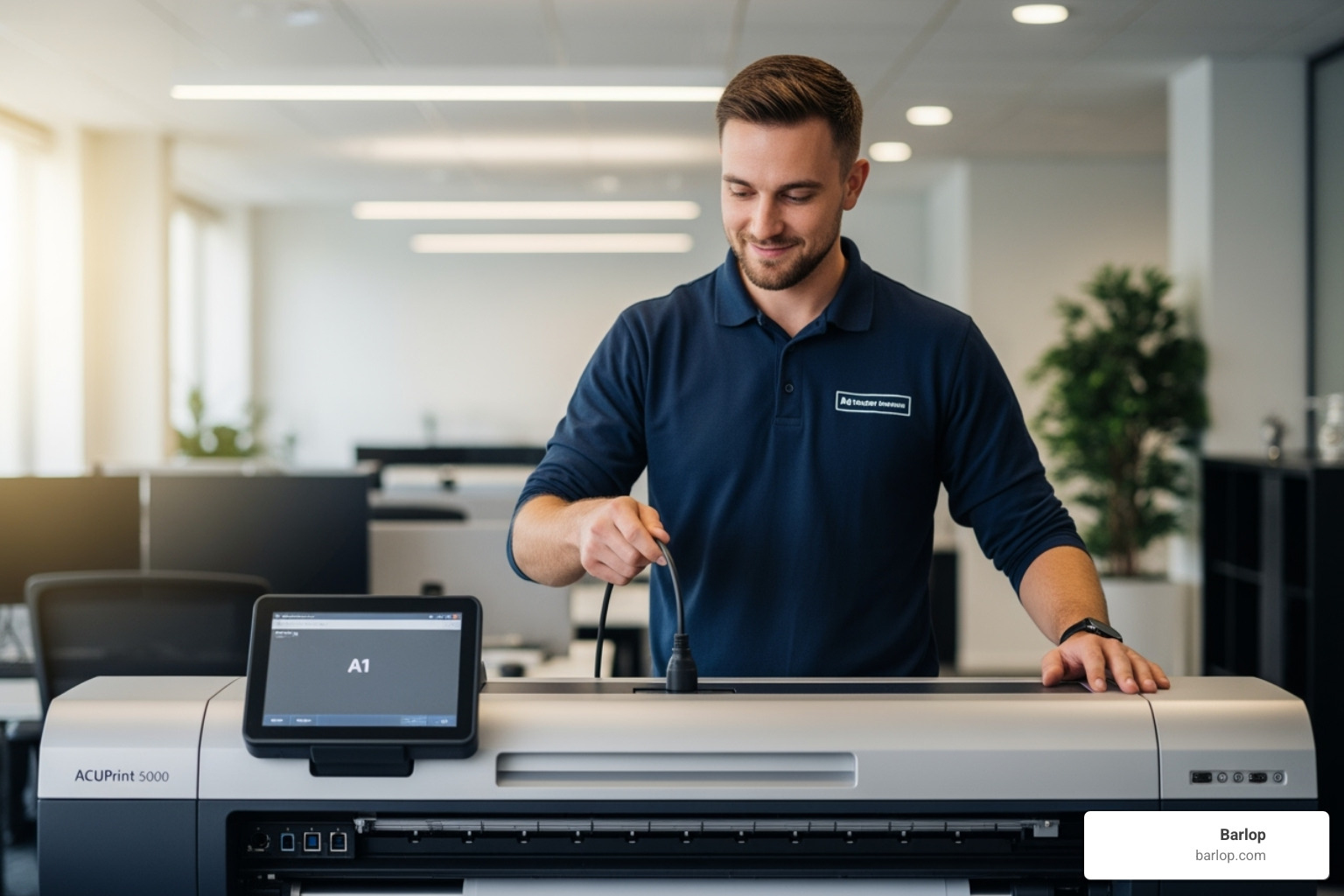 friendly technician setting up a large-format printer - a1 printer rental