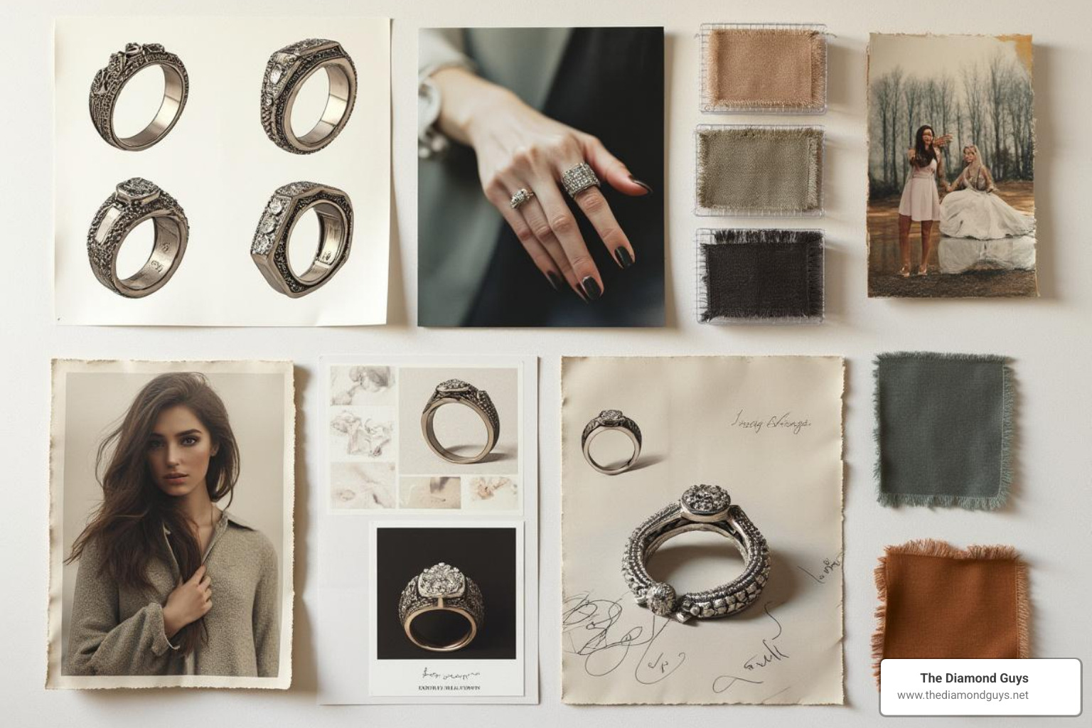 mood board with ring sketches, photos, and fabric swatches - design your own ring setting