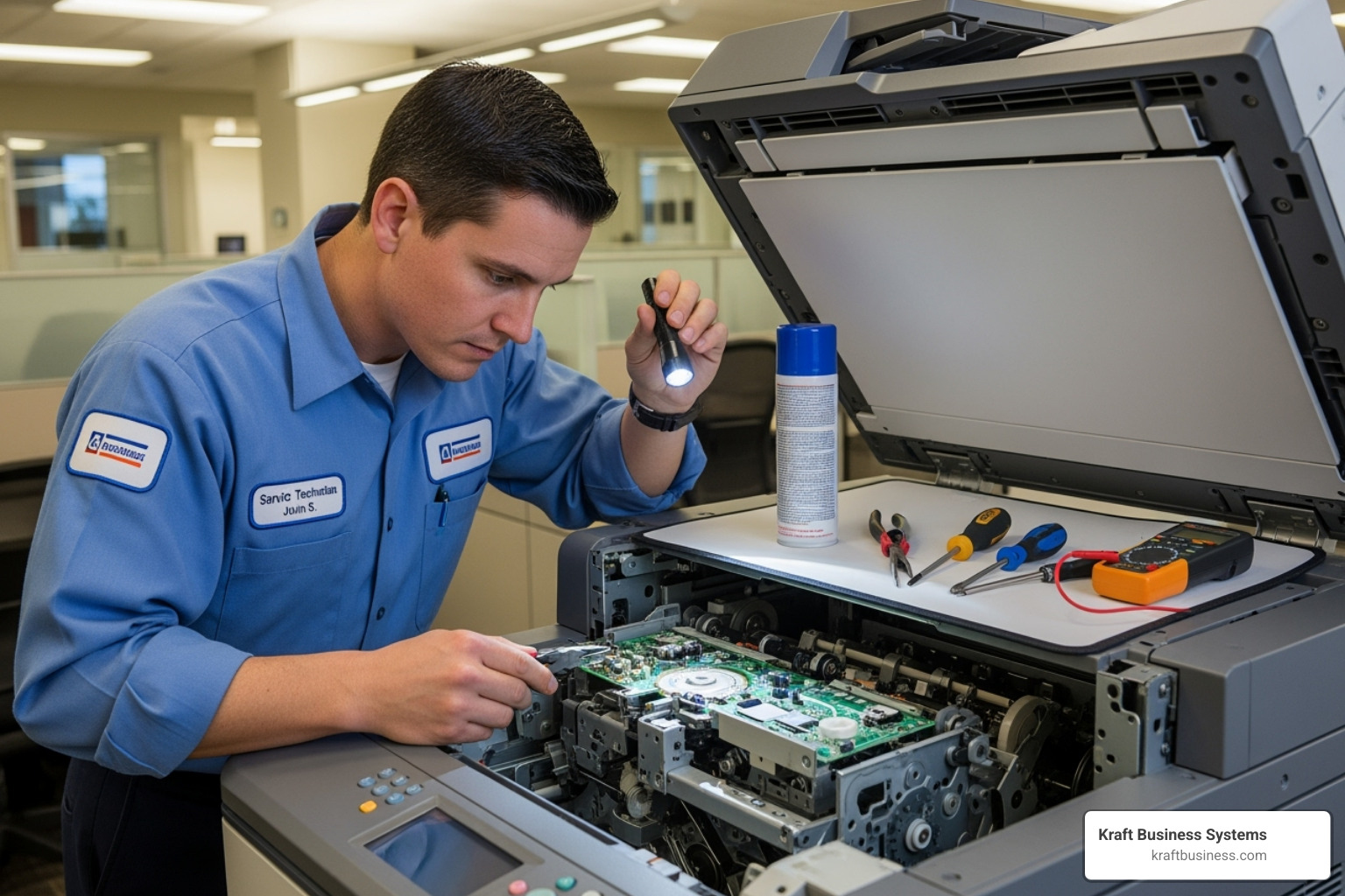 Technician servicing a copier - all leasing copiers