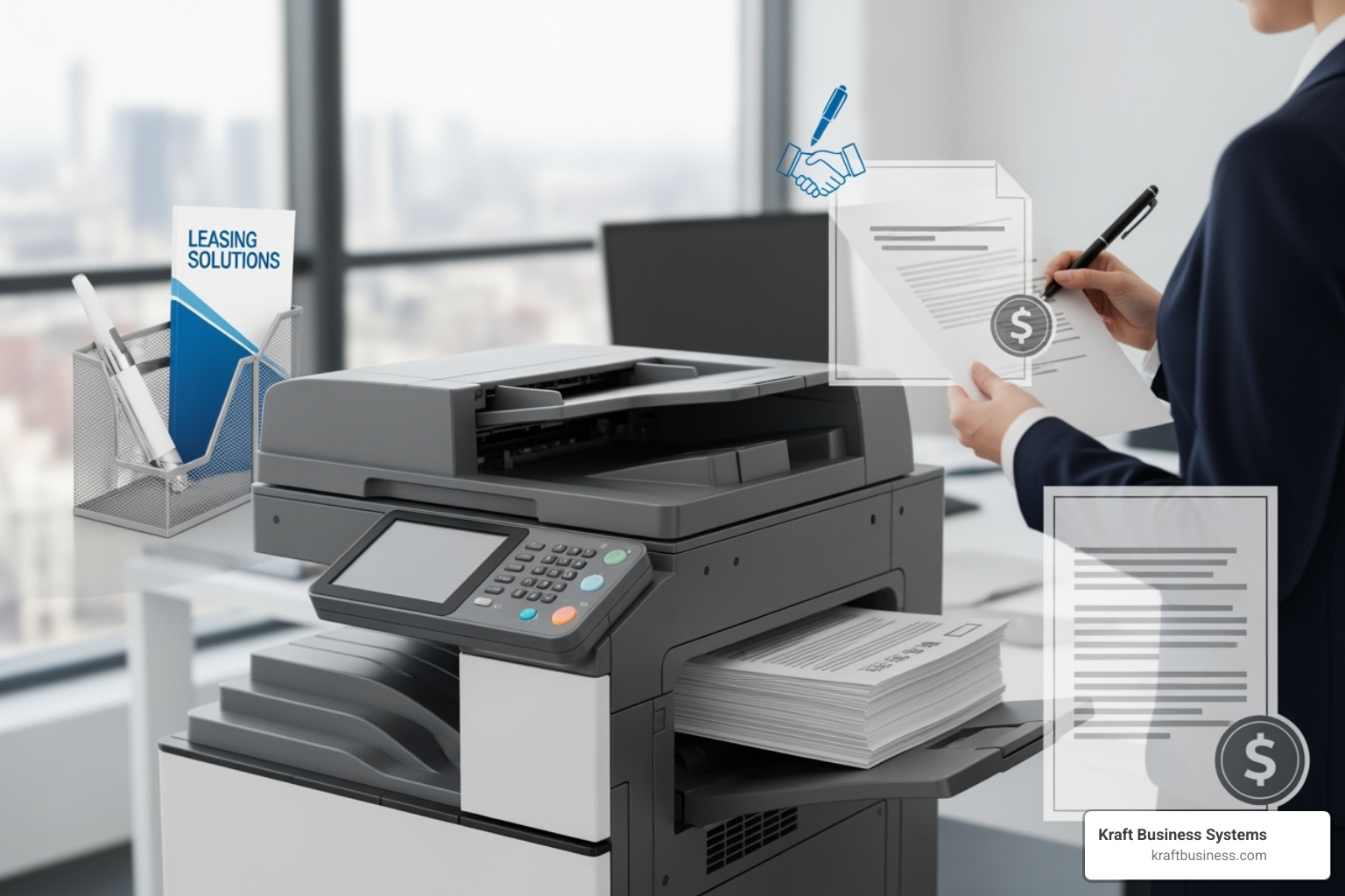 Magnifying glass over a contract's fine print - all leasing copiers