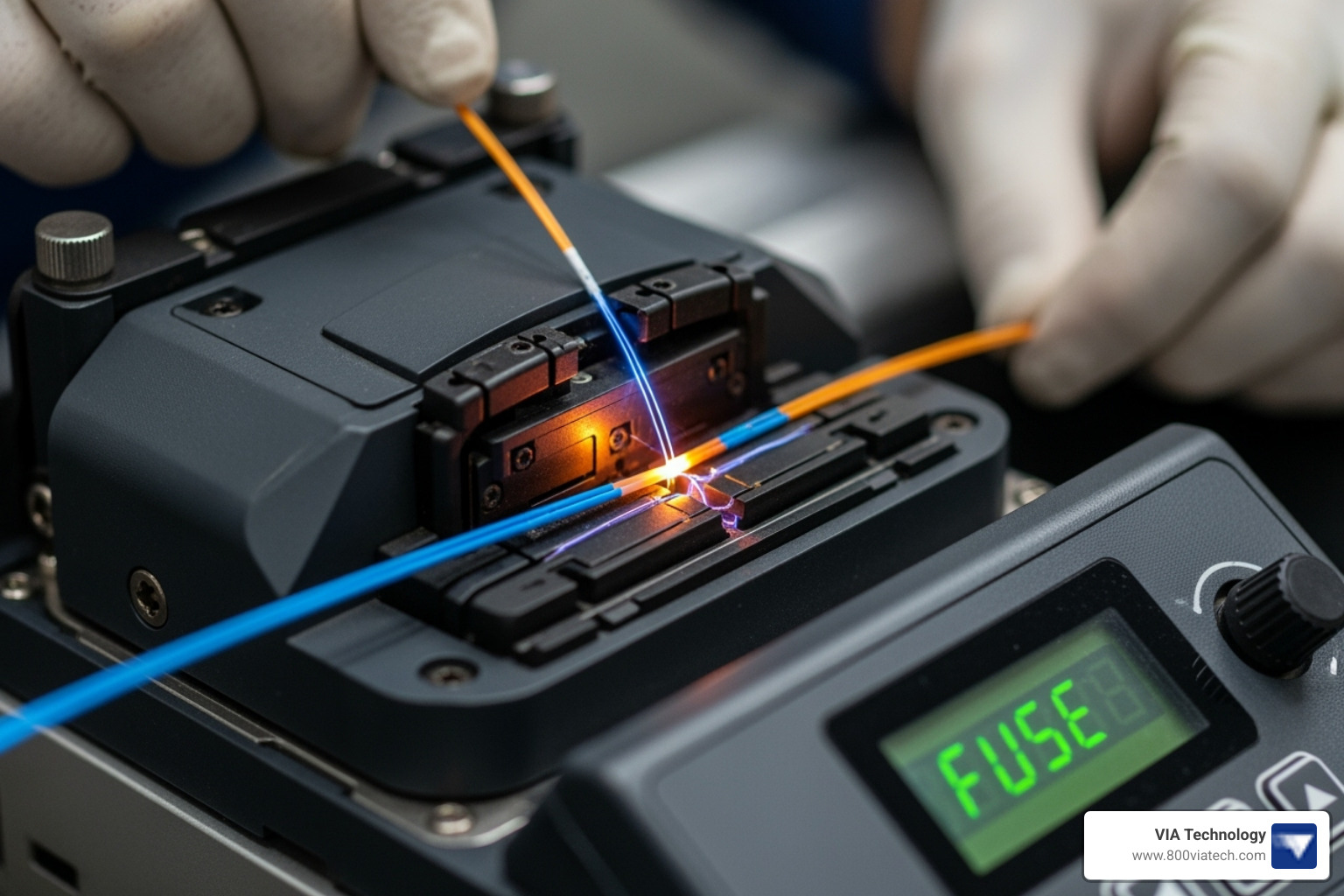 of a fusion splicer in action - fiber optic network installation