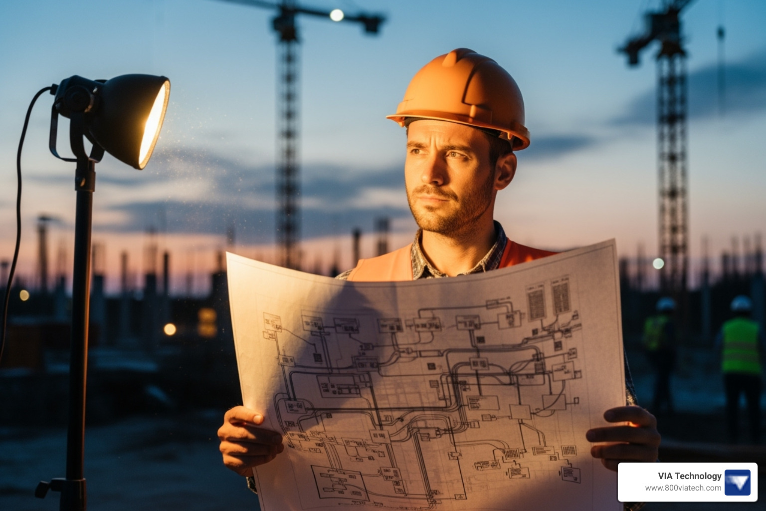 of an engineer reviewing a network blueprint on a construction site - fiber optic network installation