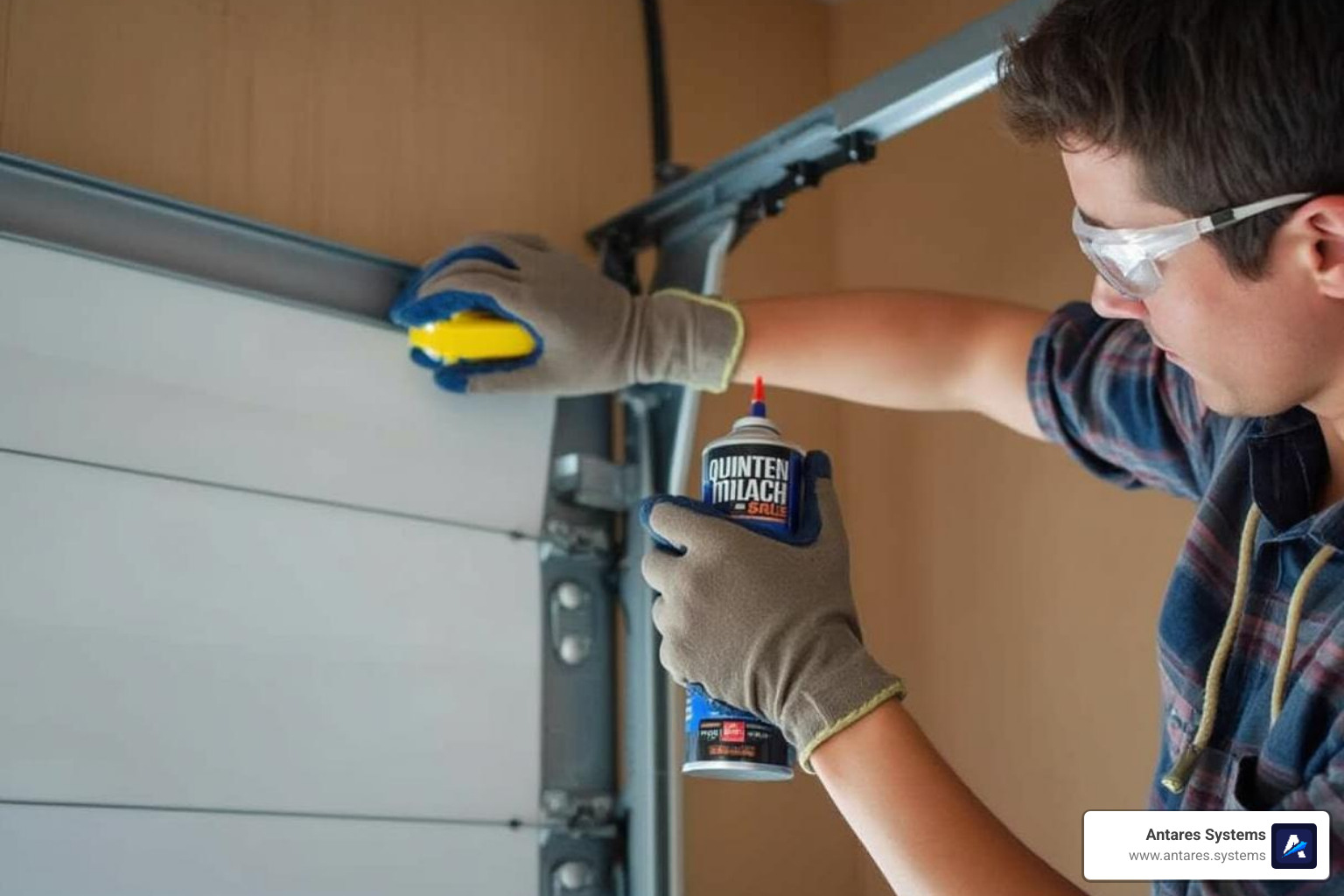a person wearing safety glasses and gloves lubricating garage door tracks - Garage door repair a person wearing safety glasses and gloves lubricating garage door tracks - Garage door repair