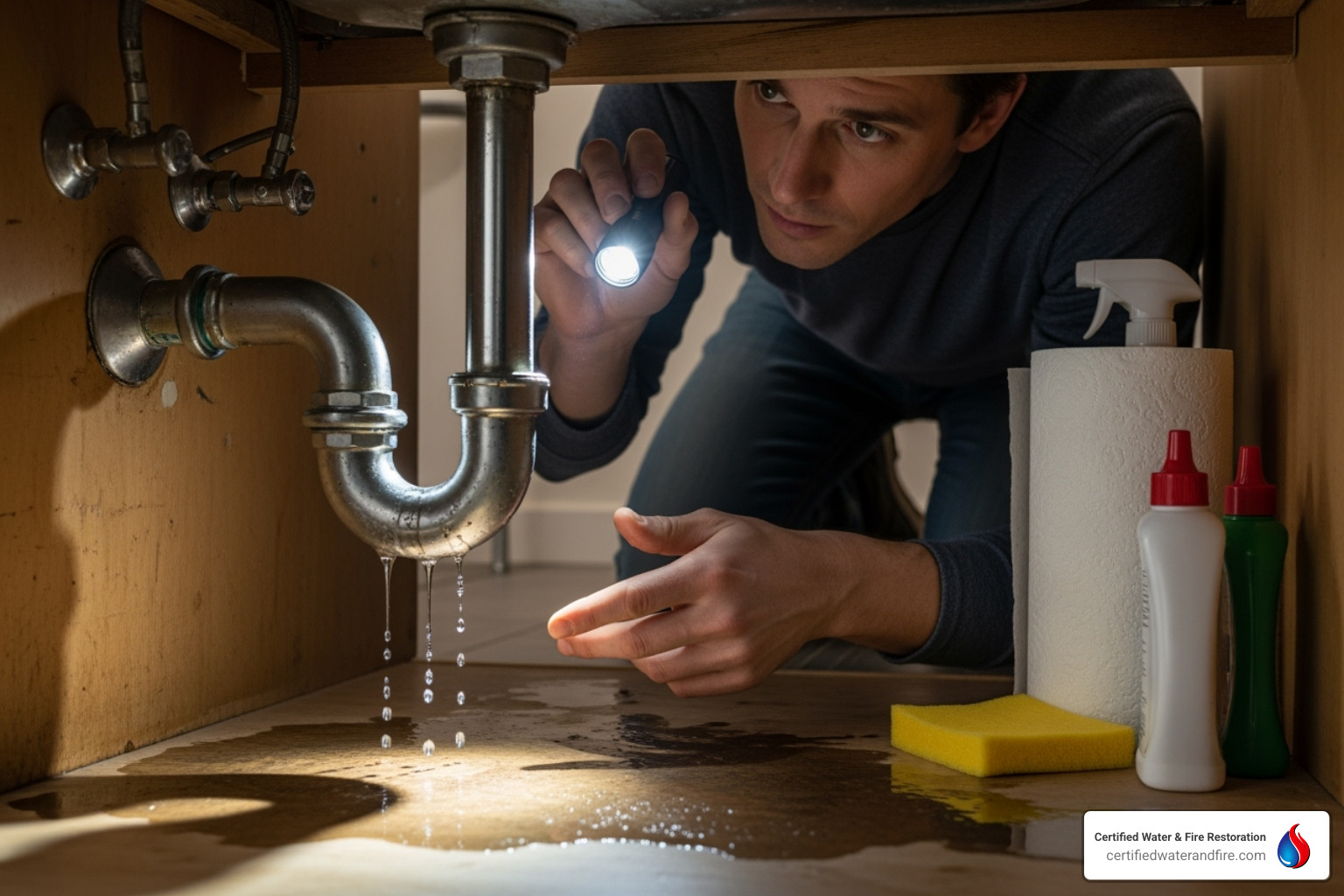 A person inspecting a leaky pipe under a kitchen sink - Home water damage