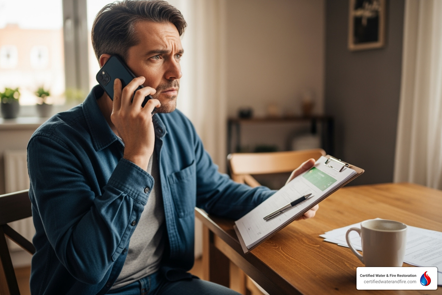 A homeowner on the phone with an insurance agent, holding a clipboard - Home water damage