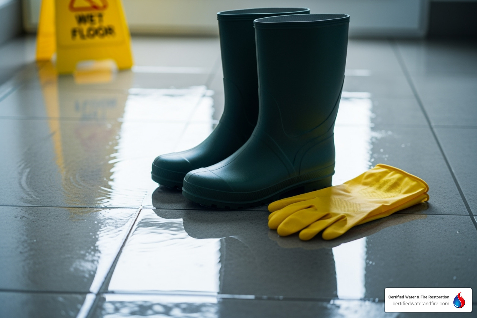 Safety gear like rubber boots and gloves next to a wet floor - Home water damage